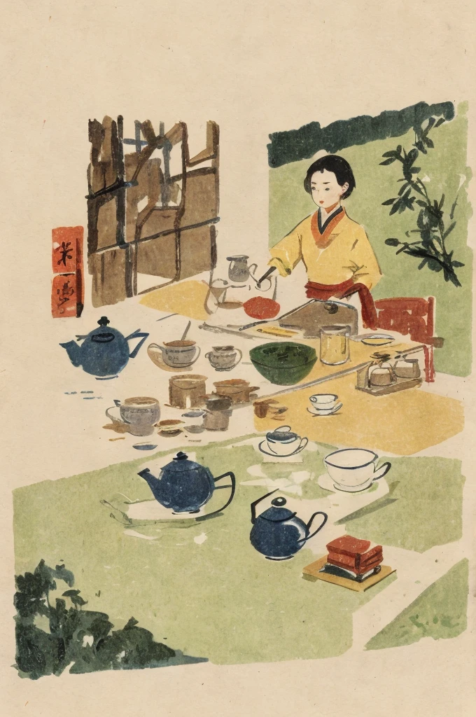 Illustration: simple lines, woodblock print style.  About making Chinese tea Preparing equipment Meticulously draw a teapot, teacup, tea leaves, kettle, and measuring spoon. The artist's signature does not appear.