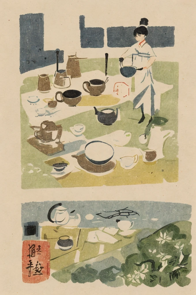 Illustration: simple lines, woodblock print style.  About making Chinese tea Preparing equipment Meticulously draw a teapot, teacup, tea leaves, kettle, and measuring spoon. The artist's signature does not appear.