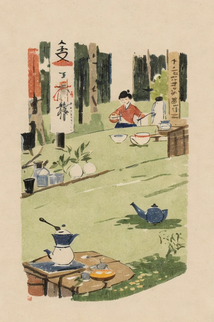 Illustration: simple lines, woodblock print style.  About making Chinese tea Preparing equipment Meticulously draw a teapot, teacup, tea leaves, kettle, and measuring spoon. The artist's signature does not appear.