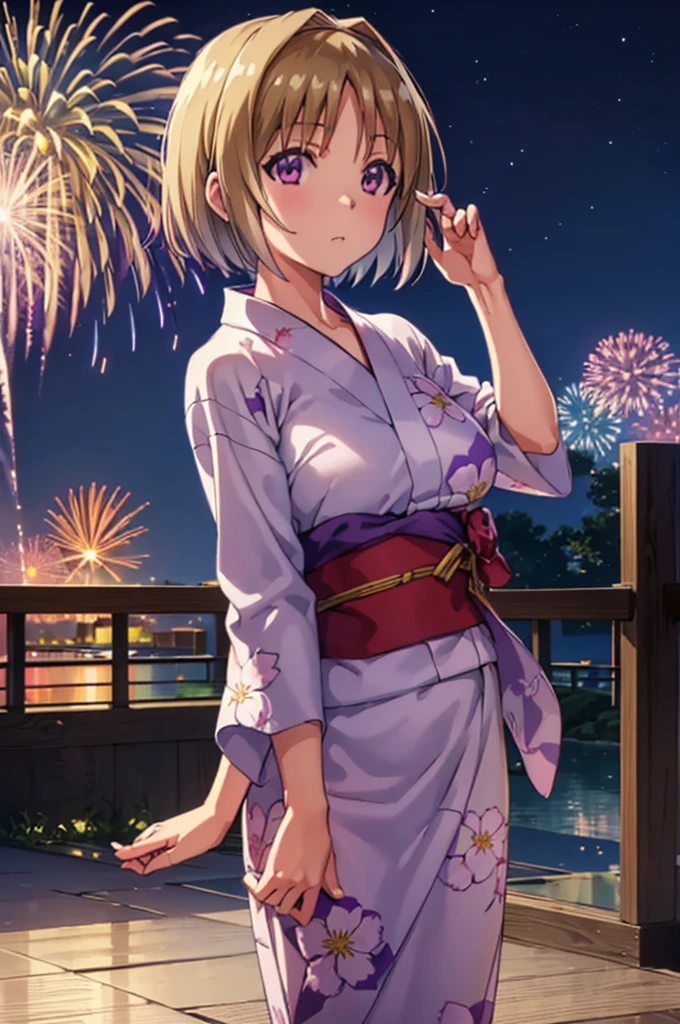 (masterpiece:1.3), (best quality:1.1), (8k, ultra detailed, ultra high res:1.2), ((anime style)), perfect 5 fingers, perfect anatomy, 
1girl,
Kushida Kikyou, 
short hair, 
bronze hair, 
(purple eyes:1.2), small eyes, 
large breasts, 
yukata, 
looking at viewer, 
cowboy shot, 
natural light, standing, detail background, outdoor, outside, (floral pattern yukata:1.2), (late night:1.2), sky, (fireworks in night sky:1.1), (night sky:1.1), big fireworks