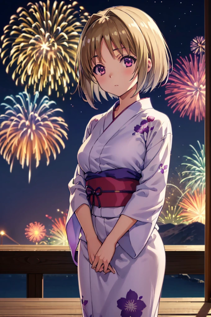 (masterpiece:1.3), (best quality:1.1), (8k, ultra detailed, ultra high res:1.2), ((anime style)), perfect 5 fingers, perfect anatomy, 
1girl,
Kushida Kikyou, 
short hair, 
bronze hair, 
(purple eyes:1.2), small eyes, 
large breasts, 
yukata, 
looking at viewer, 
cowboy shot, 
natural light, standing, detail background, outdoor, outside, (floral pattern yukata:1.2), (late night:1.2), sky, (fireworks in night sky:1.1), (night sky:1.1), big fireworks