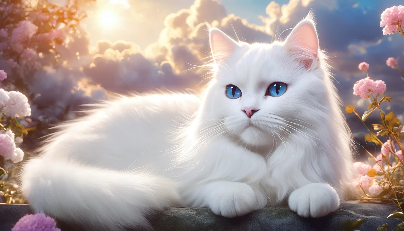 There is a white cat lying in the clouds, Adorable digital painting, cute digital art, anime visual of a cute cat, cute detailed digital art, cute 3 d render, dream animal cute eyes, Lying in the fairyland of white clouds, Fluffy and full of light, cute猫, cute! C4D, Cat Cat Dream Cats, Cat Cat Dream Cat