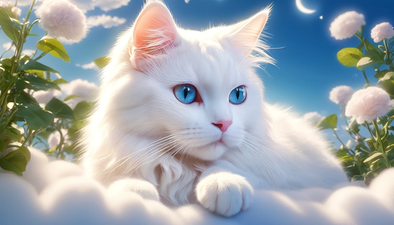 There is a white cat lying in the clouds, Adorable digital painting, cute digital art, anime visual of a cute cat, cute detailed digital art, cute 3 d render, dream animal cute eyes, Lying in the fairyland of white clouds, Fluffy and full of light, cute猫, cute! C4D, Cat Cat Dream Cats, Cat Cat Dream Cat