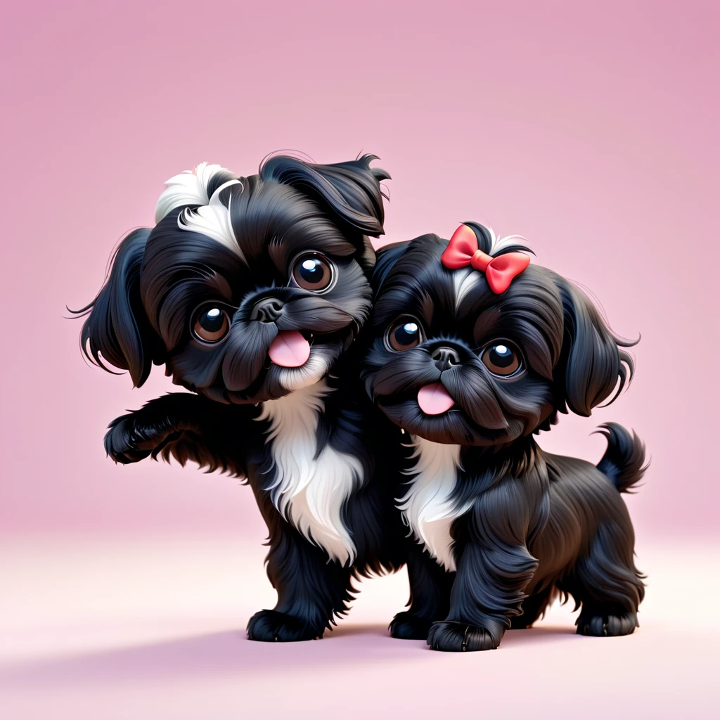 2 Adorable small black Shih Tzu puppies stretching Disney background 3d cartoon 3d render disney pixar style