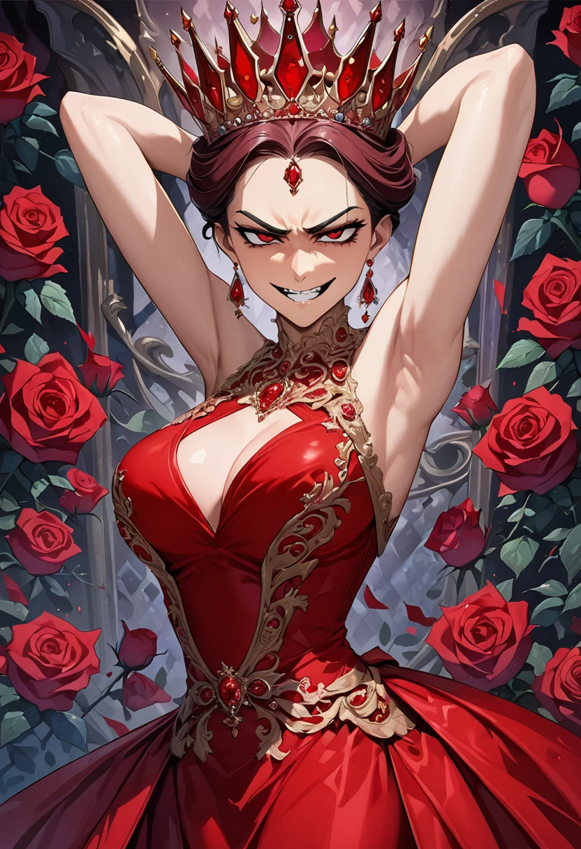 (The highest image quality, master piece:1.2), (Ultra Definition Illustration), (very beautiful matured queen:1.3), (sleeveless gorgeous queen red dress with roses:1.3), armpits, mean face, evil smile,