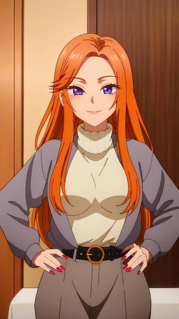 ((best quality)),((highly detailed)),masterpiece,absurdres,detailed face,beautiful face,(detailed eyes, deep eyes),1girl,((dynamic pose)) ,  Mai, orange hair, long hair, one eye closed, solo, purple eyes, red nails, nail polish, breasts, belt, hand on hip, jacket, sweater, v, large breasts, looking at viewer, smile, turtleneck, indoors, sitting, lips, mole, pink nails, fingernails, very long hair, white sweater, lipstick, grey jacket, jewelry, shirt, ;), turtleneck sweater