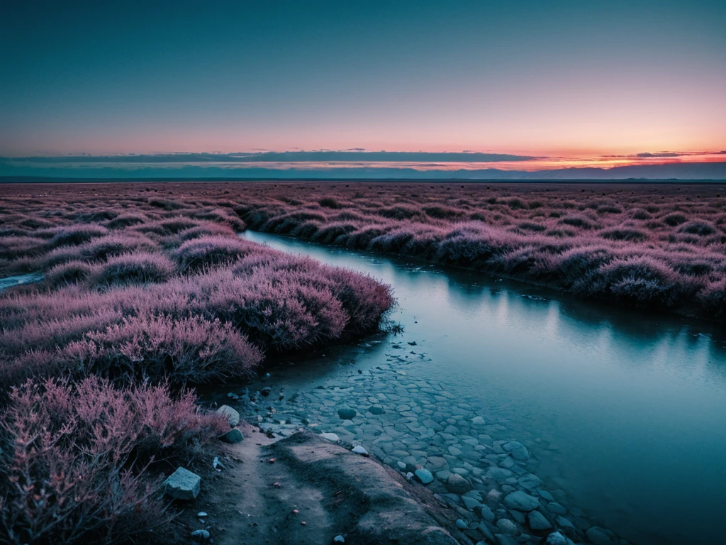 one world fixed color but softly light put on.The sky is unimaginable with fixed cold color land,in sharp contrast.