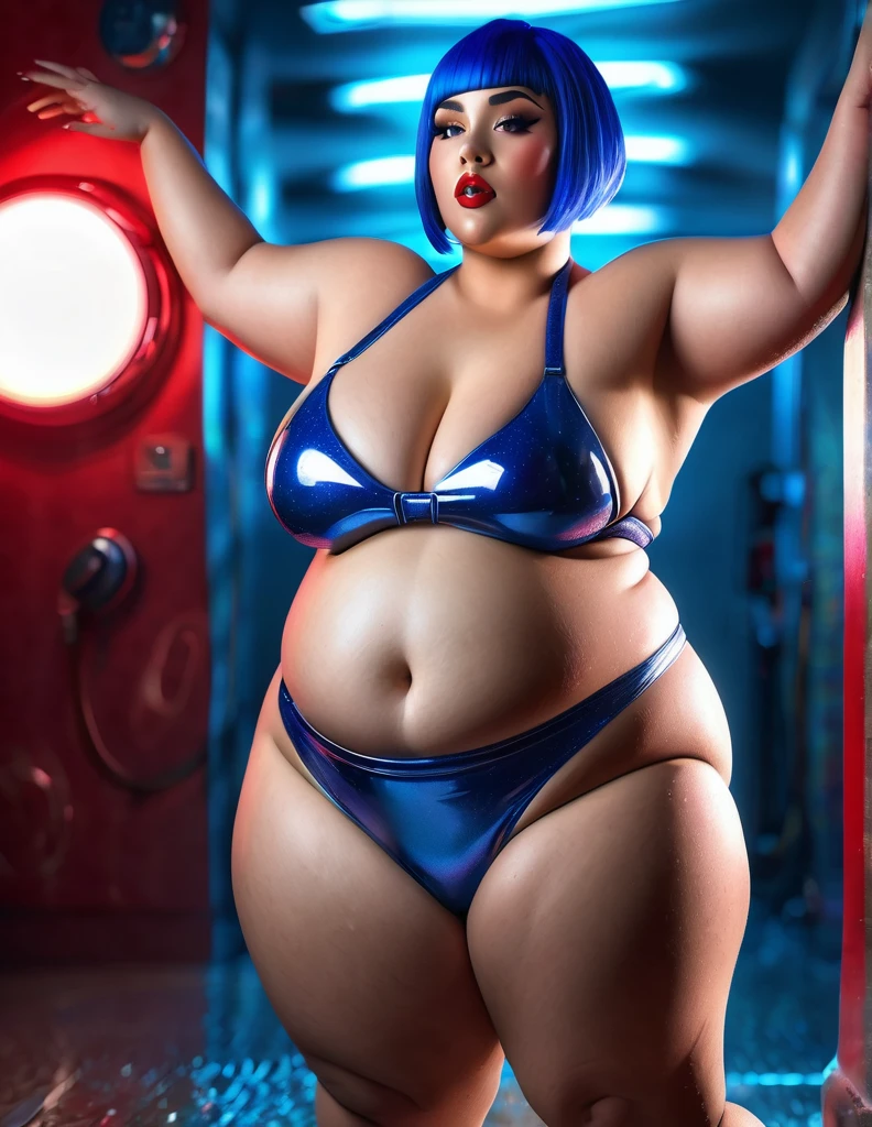 extremely detailed, high quality, realistic, photorealistic, 8k, masterpiece, glowing skin, beautiful face, sensual pose, short blue hair girl, extreme obese, red latex bikini, extreme huge belly, bellyrolls, huge thighs, sweaty, cellulite, ssbbw, ussbbw, huge nipple, hairy vagina bush