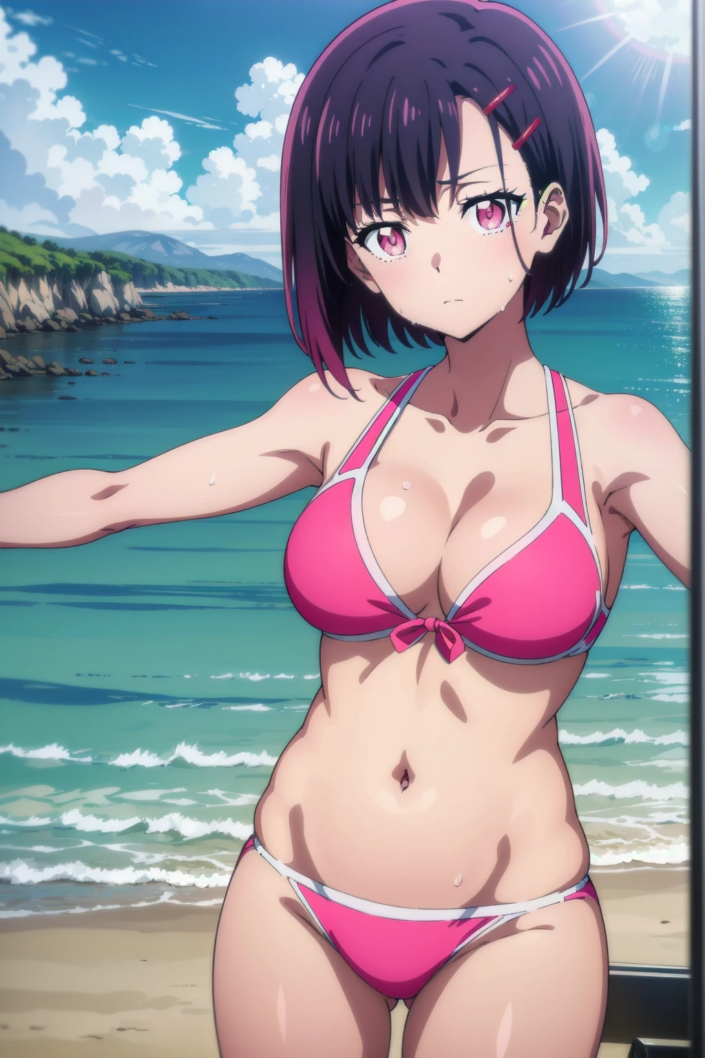 shizukamikazuki,
shizuka mikazuki, short hair, purple hair, hair ornament, hairclip, (pink eyes:1.5), swept bangs, looking at the viewer, blue theme, blue background, cloudy sky, sunlight, sweat, orgasmic, bikini swimsuit, medium breasts, cleavage, belly button exposed, collarbone, thighs, sea and beach,