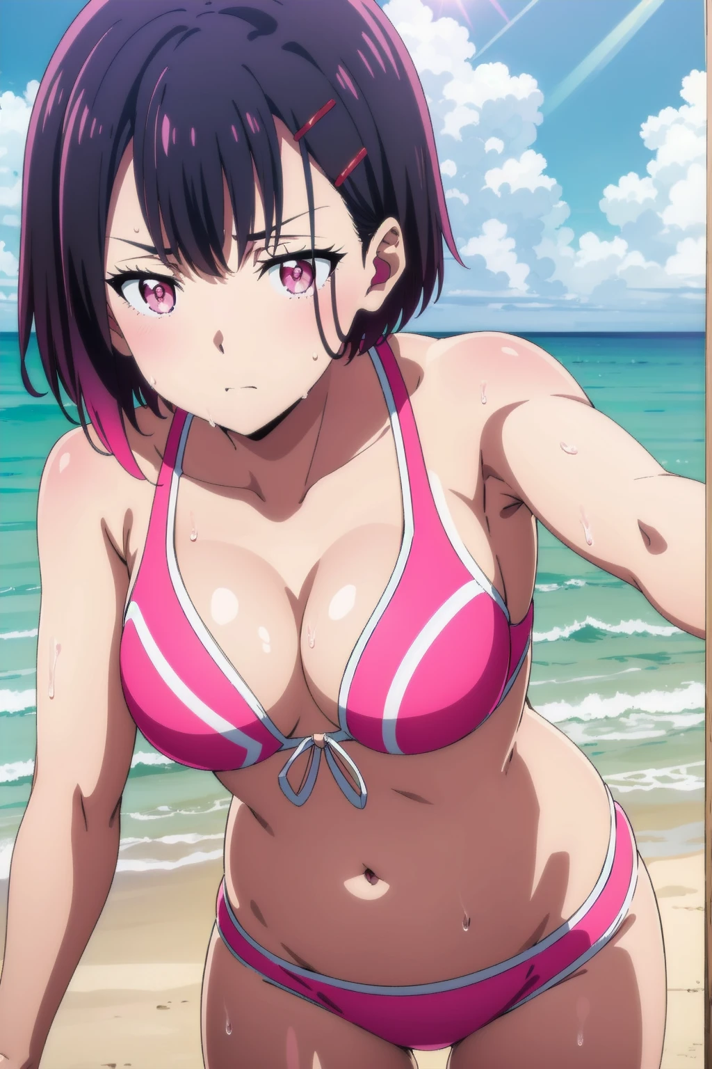 shizukamikazuki,
shizuka mikazuki, short hair, purple hair, hair ornament, hairclip, (pink eyes:1.5), swept bangs, looking at the viewer, blue theme, blue background, cloudy sky, sunlight, sweat, orgasmic, bikini swimsuit, medium breasts, cleavage, belly button exposed, collarbone, thighs, sea and beach,