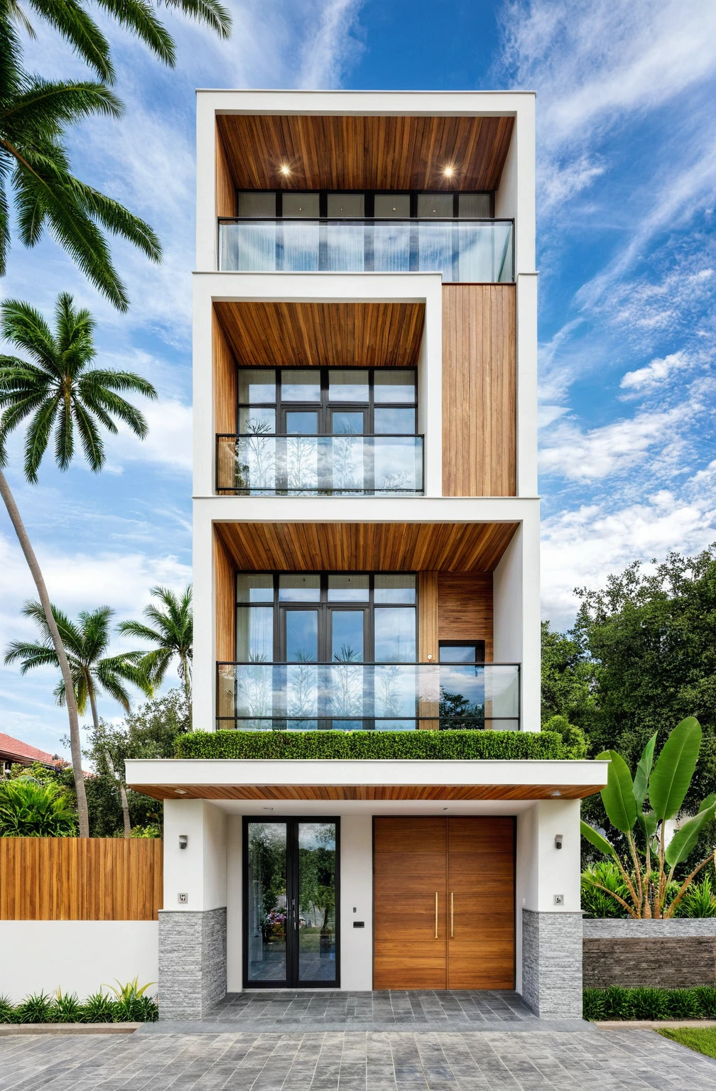 house exterior, modern style, white wall, wooden wall, wooden door, glass window, (actual: 1.2), Masterpiece, high quality, best quality, authentic, super detailed, outside sky, road, sidewalk, grass, trees, sky, clouds, (daylight:1.1)
