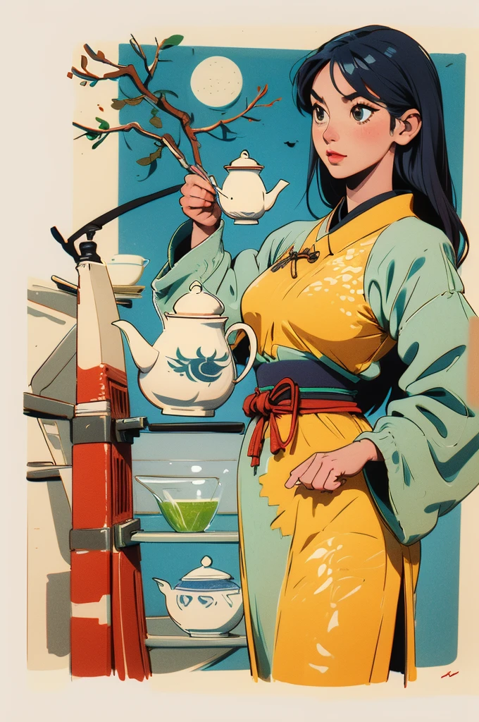 Illustration: simple lines, woodblock print style. About making Chinese tea Preparing equipment Meticulously draw a teapot, teacup, tea leaves, kettle, and measuring spoon. The artist's signature does not appear.