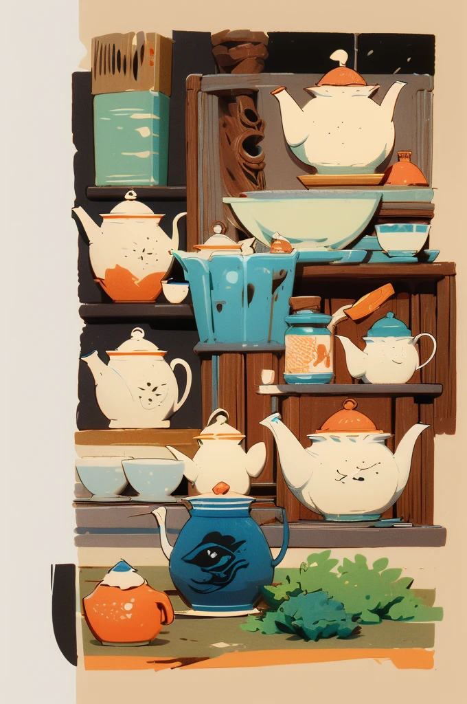 Illustration: simple lines, woodblock print style. About making Chinese tea Preparing equipment Meticulously draw a teapot, teacup, tea leaves, kettle, and measuring spoon. The artist's signature does not appear.