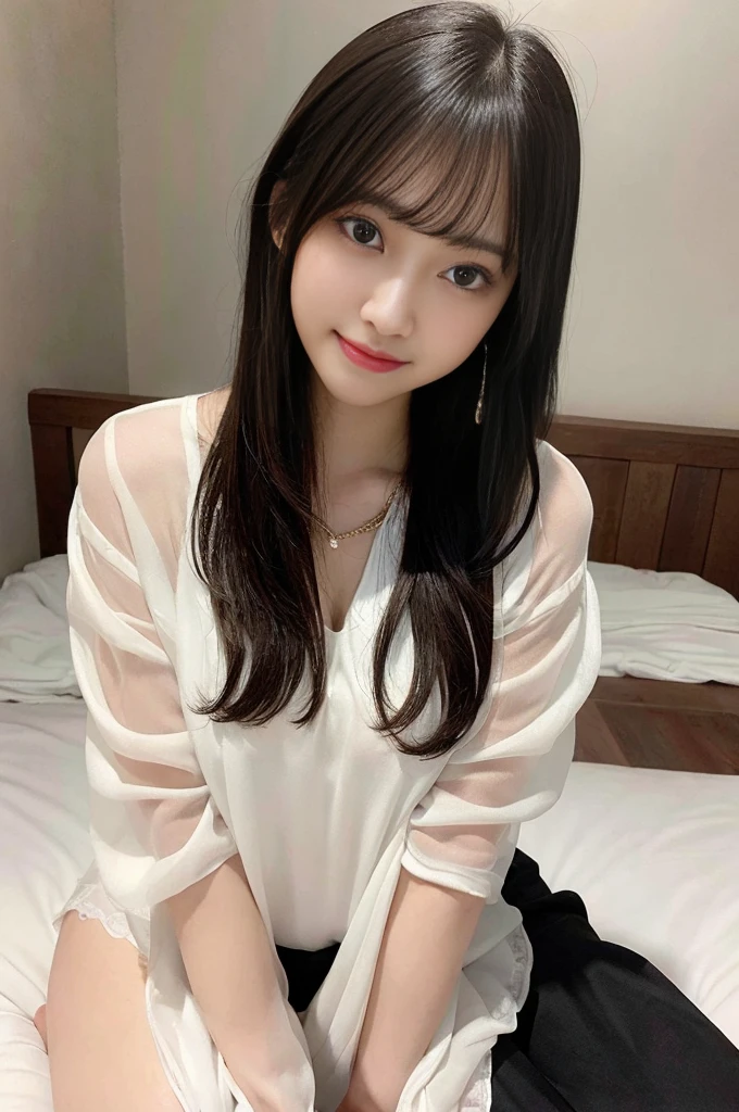 masterpiece, top quality, best quality, realistic, unity, 8k wallpaper, official art, extremely detailed CG unity 8k wallpaper, ulzzang-6500, (original:1.2), (realistic:1.4), ultra detail, high resolution, ultra detailed,amazing, fine detail, cinematic lighting, (1 cute girl:1.4 ), 18-year-old, (black hair:1.4), long hair, bangs, (realistic skin:1.2), (light skin:1.2),(huge breasts), beautiful girl with beautiful details, extremely detailed eyes and face, eyes with beautiful details, huge file size, ultra detailed and beautiful, blushing, ashamed,(smile:1.3), black eyes, full body shoot, earings, chain necklace, loft apartment, ((sitting on the bed)),(almost empty room),(shiny skin),(glossy skin), (sweaty skin),(high detailed skin:1.2),realistic body, perfect anatomy, (best shadow), BREAK (silk clothes):1.2, (insanely detailed clothes):1.2, bra, white shirt