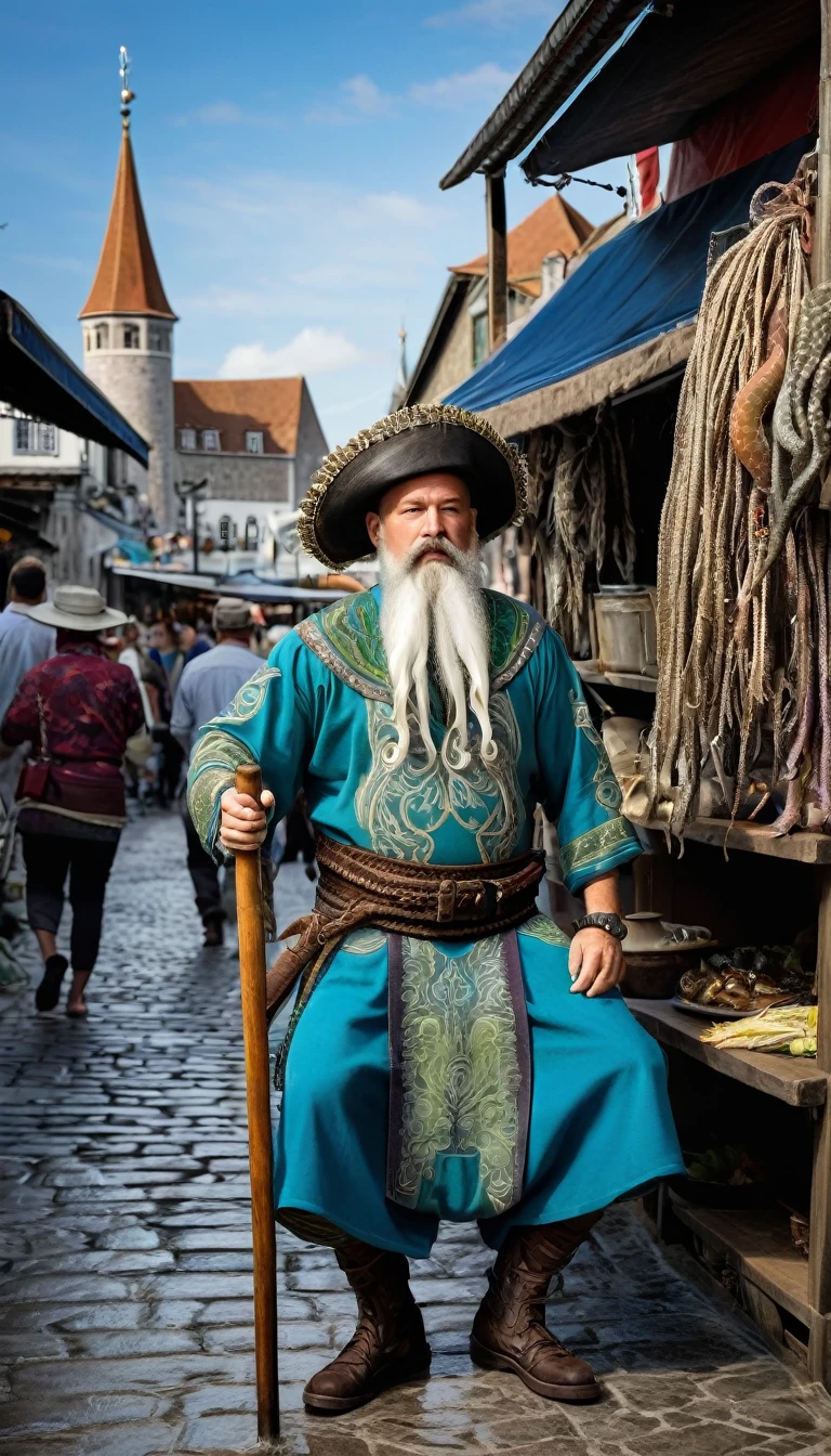 Ole Blekksprut, a robust 35-year-old Viking with a meticulously groomed goatee beard, clad in traditional attire that blends the practicality of his seafaring heritage with the flair of a medieval street vendor. His ensemble includes a richly embroidered tunic in shades of blue and green, reminiscent of the deep ocean, which complements his muscular physique. The tunic extends to his mid-thigh, revealing a pair of baggy harem pants that allow for ease of movement as he navigates the bustling cobblestone streets. His lower legs are wrapped in tight leather leg wraps, both for protection and to hold the essence of his mariner past close to his heart. Upon his head sits a well-worn fisherman's hat, adorned with a vibrant squid motif that sways in the brisk coastal breeze, hinting at his specialty in the trade. Around his waist is tied a sturdy leather belt, holding an assortment of sharpened knives and hooks, tools of his trade as a master of the sea's bounty. In one hand, he grips a large wooden staff, the top carved into the likeness of a cuttlefish, which he uses to attract the attention of passersby. With the other hand, he dramatically waves a freshly caught tentacle, the ink of the creature still vividly staining the air. His stall, a testament to his expertise, is a visual feast of squid and cuttlefish laid out on iced wooden slabs. The vivid display of cephalopods showcases their varied sizes and colors, from the deep purple of the Humboldt squid to the mottled greys of the common cuttlefish. The stall is adorned with fishing nets and buoys, creating an authentic mariner's market ambiance. The background of the image is a lively tapestry of a medieval town, with timber-framed buildings leaning inwards and banners flapping in the wind, while the cobblestone pathways are filled with townsfolk and fellow merchants, all drawn to the captivating spectacle of Ole's boisterous cries and the tantalizing smell of the sea's delicacies. His eyes twinkle with a mix of misc