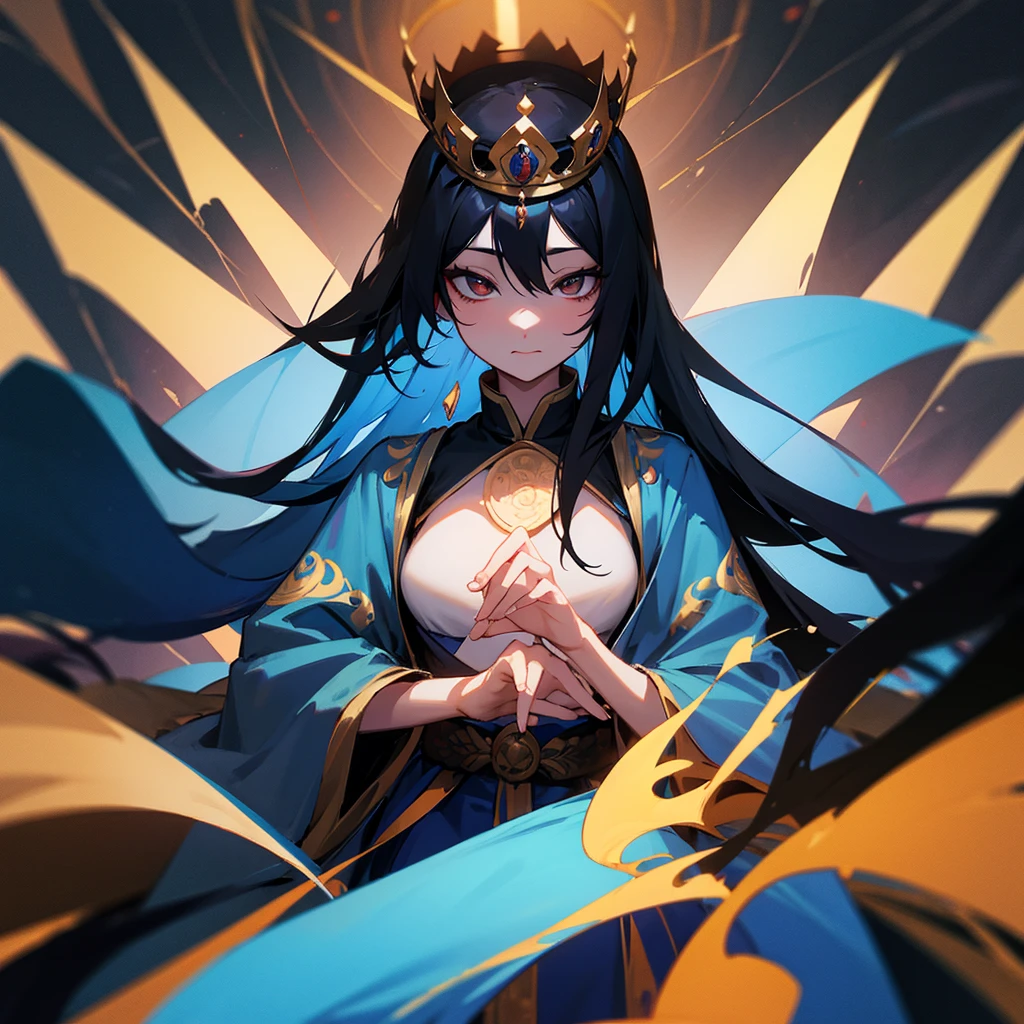 Blue robes, dark, staff, long black hair, bodhisattva crown, odd eyes