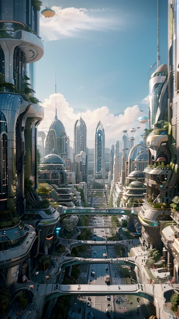 Create an image of a serene city landscape that embodies a capitalistic green utopia. The city should feature advanced, eco-friendly architecture and lush greenery integrated throughout. Include clear, blue skies and vibrant, colorful birds peacefully coexisting within the scene. Capture the tranquility and harmony of this utopian city, with elements such as solar panels, clean energy sources, parks, and community gardens seamlessly woven into the urban environment.