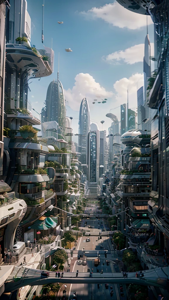 Create an image of a serene city landscape that embodies a capitalistic green utopia. The city should feature advanced, eco-friendly architecture and lush greenery integrated throughout. Include clear, blue skies and vibrant, colorful birds peacefully coexisting within the scene. Capture the tranquility and harmony of this utopian city, with elements such as solar panels, clean energy sources, parks, and community gardens seamlessly woven into the urban environment.