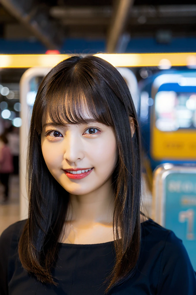 (8K、Raw photo、Highest quality、masterpiece:1.2)、(Realistic、Photorealistic:1.37)、Ultra-detailed、Ultra-high resolution、1 girl、Seeing the viewer、Beautifully detailed face、Laughter、narrow、(Slim waist) :1.3)、shortcut、Beautifully detailed skin、Skin Texture、Floating Hair、Professional Lighting、Waiting for the train on the platform、Black-rimmed square glasses 、Human whole body、Brown Hair