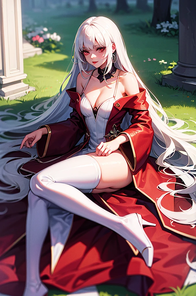 ((1 woman with penis, erect penis)),((with cape on back, with crown))),((medium breasts, bare breasts, grasping breasts)),((white hair with ponytail)) ,( (red eyes, calm face)),((sitting on a golden throne, sitting backwards, right leg over left leg)),((in a haunted castle, at night)),((1 arm behind your back) ),