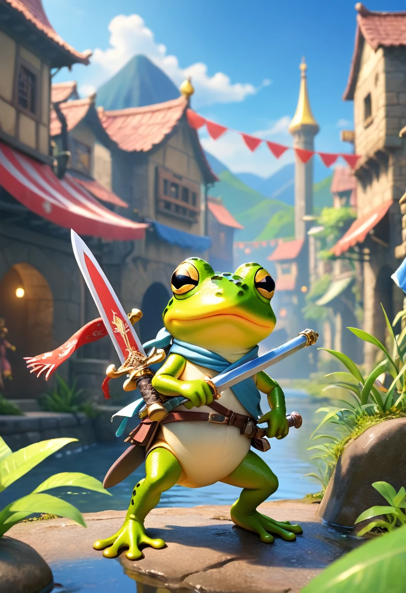 Esbian all over、Cool Frog、Pop Frog、Diorama、Simple Background、bandana、Holding a big sword in his hand、Brave、Best Quality, Capture the cutest moments, Depth of written boundary, Super detailed, Ultra-high resolution, Octadale, 8k, 16km race
