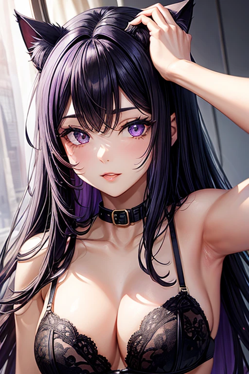 a beautiful woman with black hair and purple highlights taking a selfie, cat ears on the head, lingerie