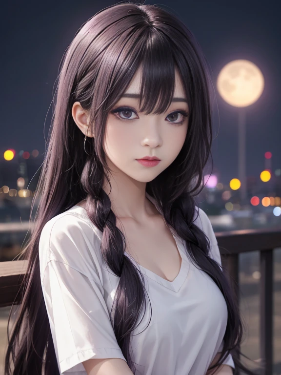 background（Black night sky，Big Moon），Close-up of a woman，Wearing a white shirt、Purple Hair，Very long hair，Very thick braids，Purple Eyes，Large target ， Realistic girl rendering, 8k Artistic German Bokeh, Enchanting girl, Real girl, Gurwitz, Gurwitz-style artwork, Girls role play, realistic 3 d style, CGStation hot topics,, 8K Portrait Rendering,（The truth，：1.4），Wear pink pajamas，巨Large target ，Bright Eyes，Purple Eyes