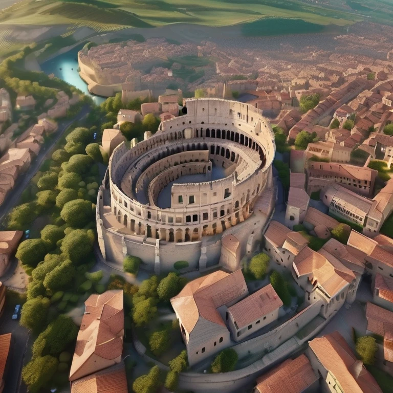 Beautiful, realistic aerial view of medieval Roman society., The city sprawls across the landscape with its many intricate stone buildings and cobbled streets., A medium-sized Colosseum on a high mountain dominates the center., bustling market, and lively squares filled with people, Surrounded by lush farmland and meandering rivers., photography, High resolution drone camera with professional 8k hd lens.