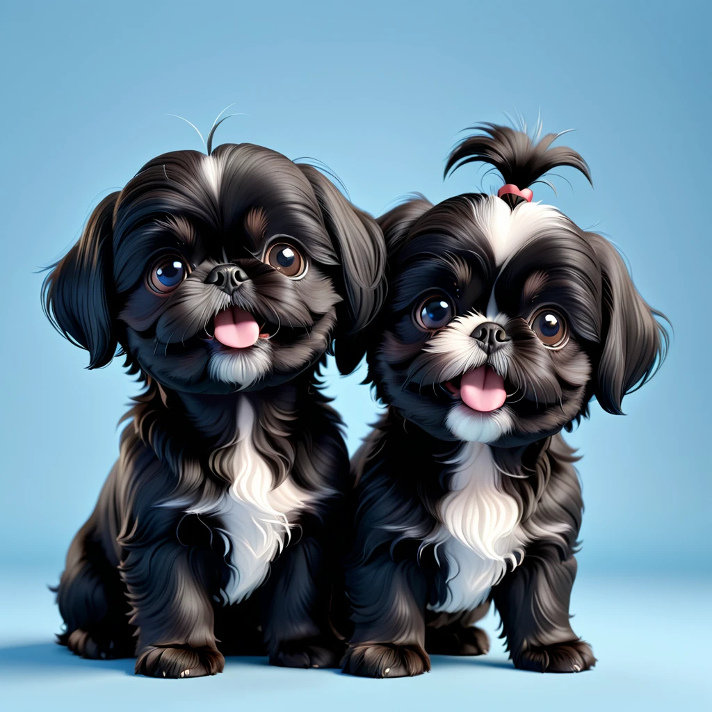 2 Adorable small black Shih Tzu puppies funny faces Disney background 3d cartoon 3d render disney pixar style