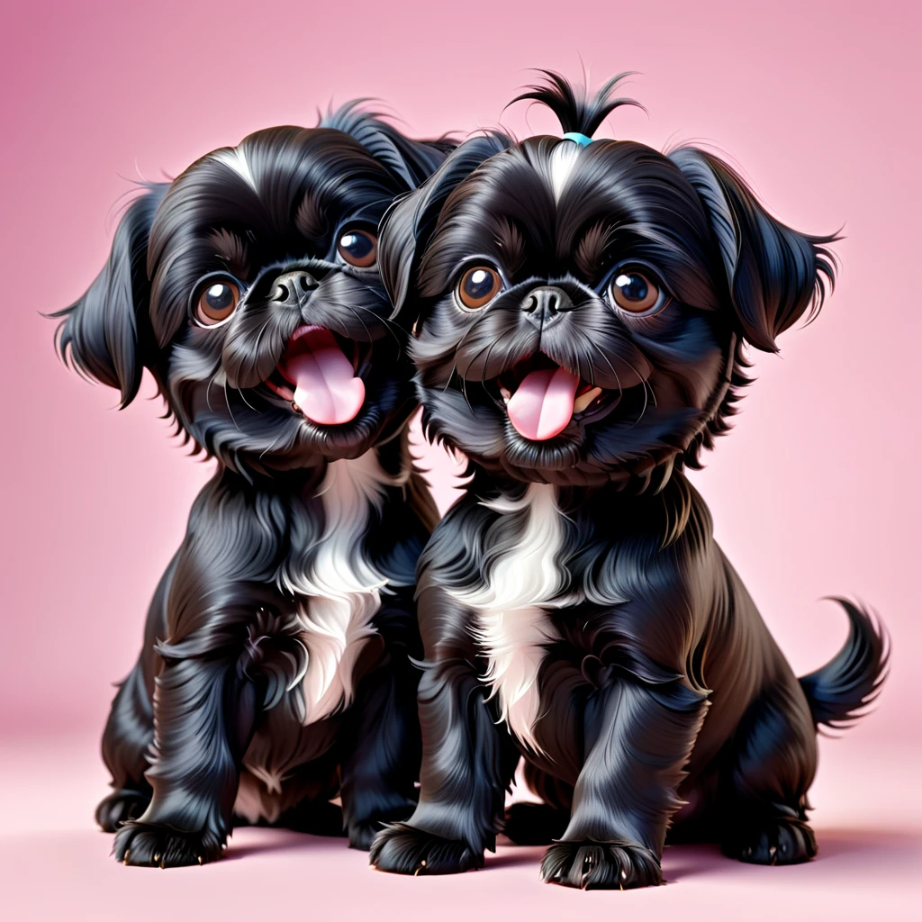 2 Adorable small black Shih Tzu puppies funny faces Disney background 3d cartoon 3d render disney pixar style