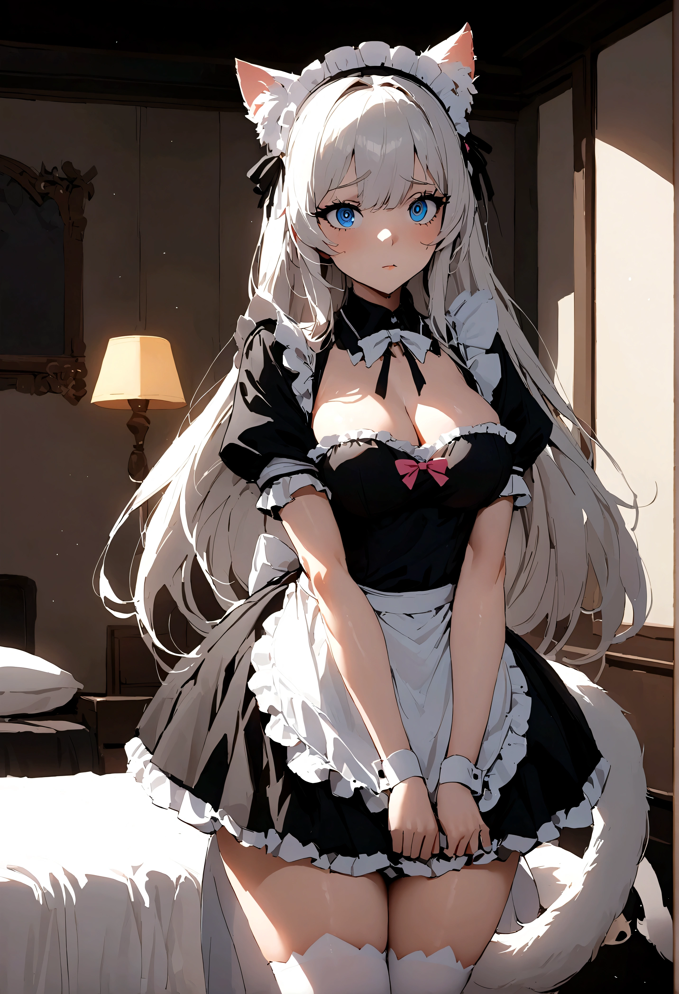 beautiful，(Sexy)，Elegant women，Mature，big eyes，Long hair，Summer，Cat ear，cute，Maid costume，Tail，In the bedroom