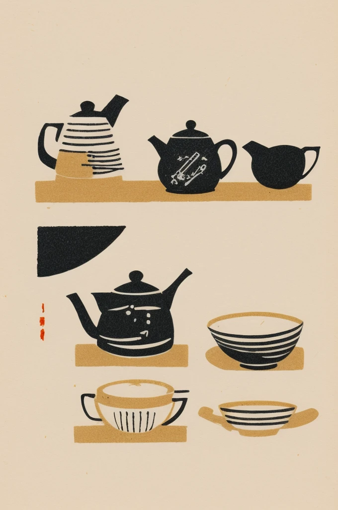 Illustration: simple lines, woodblock print style.  About making Chinese tea Preparing equipment Meticulously draw a teapot, teacup, tea leaves, kettle, and measuring spoon. The artist's signature does not appear.