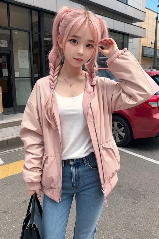 Please draw an illustration of a girl。Pink twintails and red eyes、He is wearing a beige down jacket and denim pants.