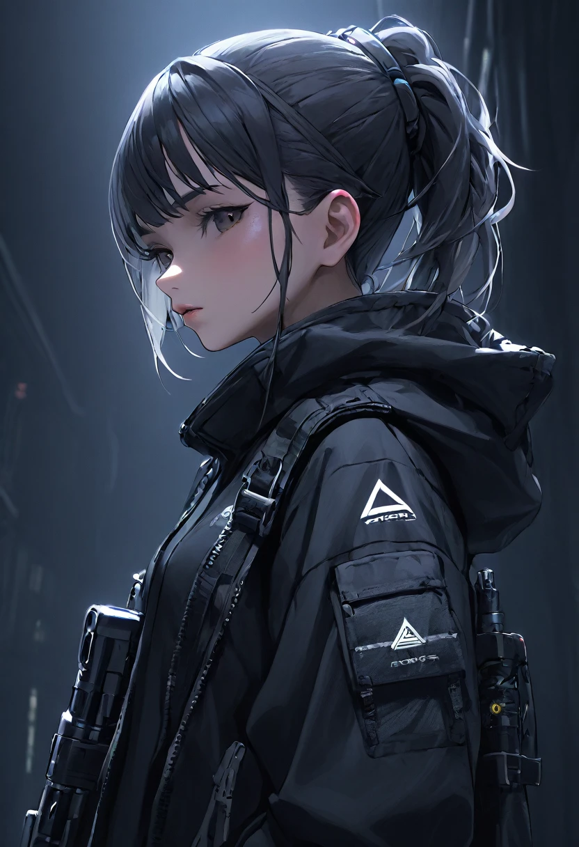 Techwear, girl, cyberpunk, close up, weapon, dark background 