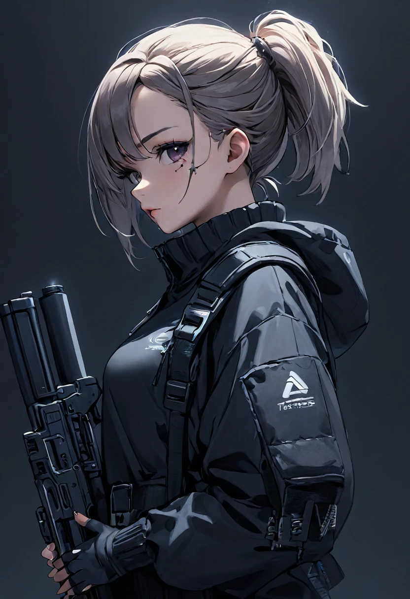 Techwear, girl, cyberpunk, close up, weapon, dark background