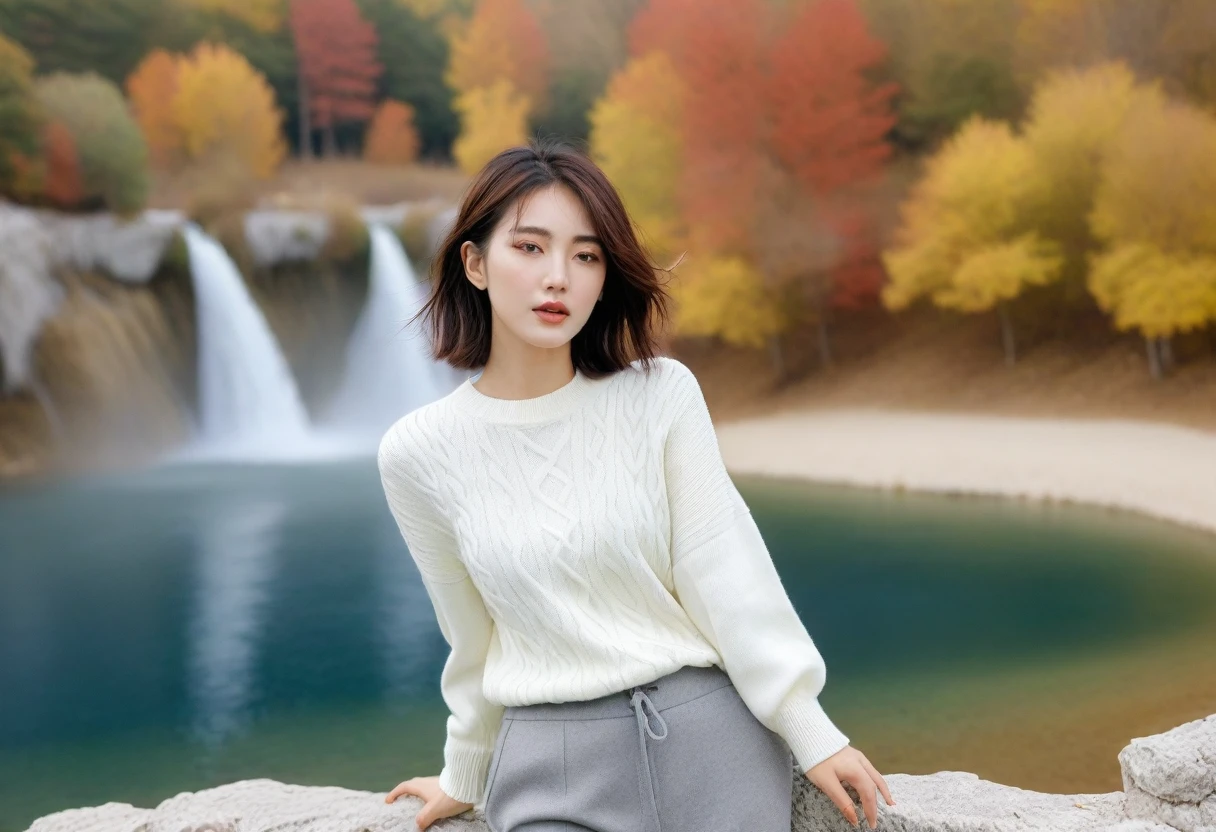 Beautiful Korean Woman, Chest size 34 inches, Autumn scenery of Lake Hlcevice, Croatia, At the waterfall, Short and medium hair blowing in the wind, Wearing high-end luxury brand casual jumpers and pants