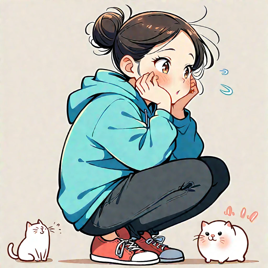 1 Girl, blush, Black Hair, Long sleeve, Brown eyes, shoe, Pants, hood, Hair Bun, from the side, hoodie, contour, animal, black Pants, Squat, single Hair Bun, Fat Cat, hood down, 运动shoe, 粉色shoe类, Put your hands on your face, Put your hands on your cheeks, blue hoodie