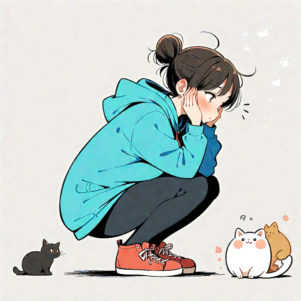 1 Girl, blush, Black Hair, Long sleeve, Brown eyes, shoe, Pants, hood, Hair Bun, from the side, hoodie, contour, animal, black Pants, Squat, single Hair Bun, Fat Cat, hood down, 运动shoe, 粉色shoe类, Put your hands on your face, Put your hands on your cheeks, blue hoodie