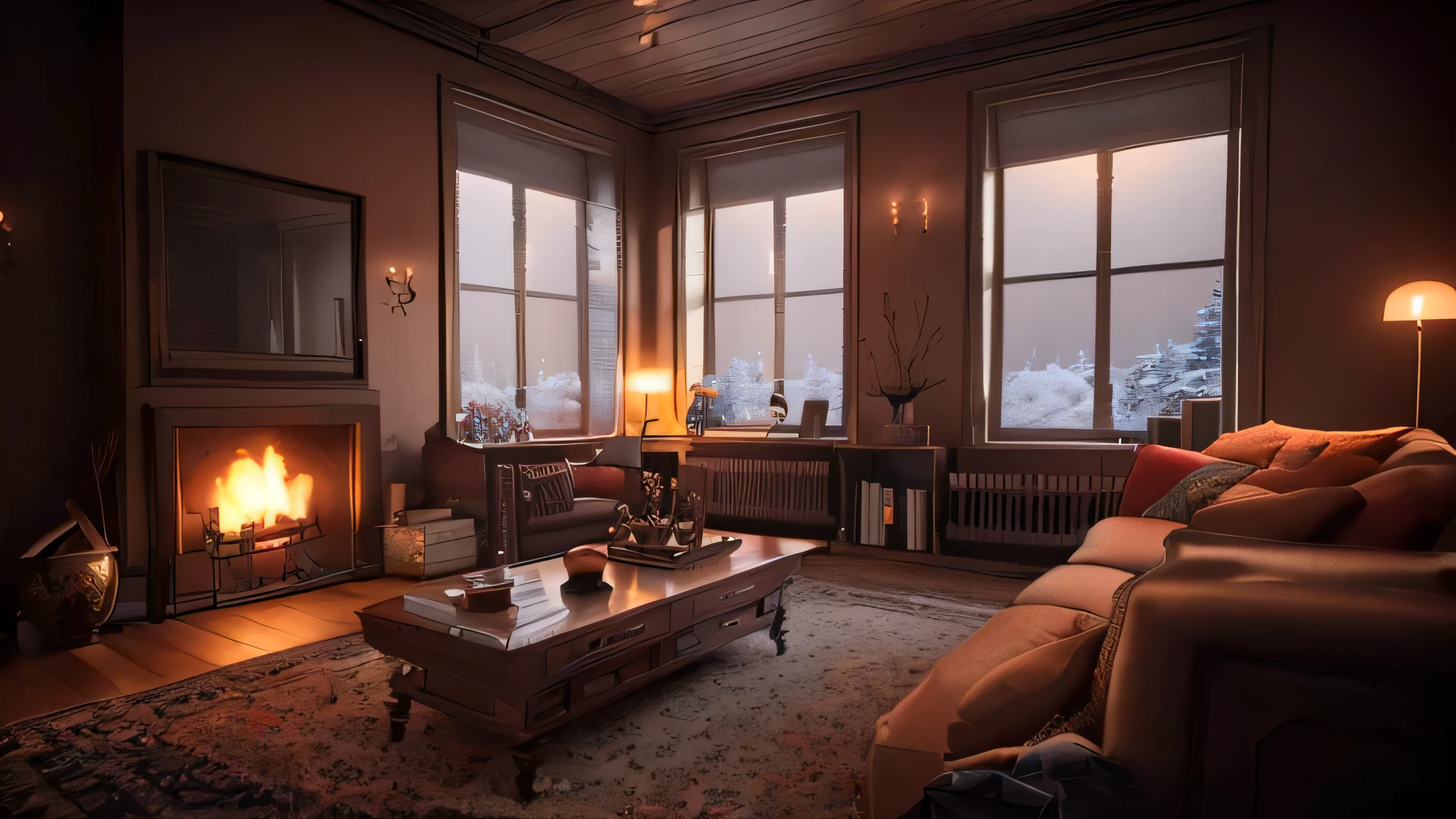 Early life living room with fireplace and sofa in front of window, warm living room, warm interior, realistic rendering in unreal engine, warm cozy colors, cozy home background, cozy living room background, rendering Unreal Engine - H 7 0 4, rendering Unreal Engine-H 704, cozy wallpaper, 3D Unreal Engine rendering, 3D Unreal Engine rendering