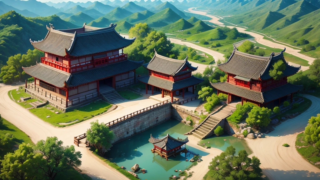 Chinese ancient village, Aerial view, Photorealistic photos, High definition, 8K