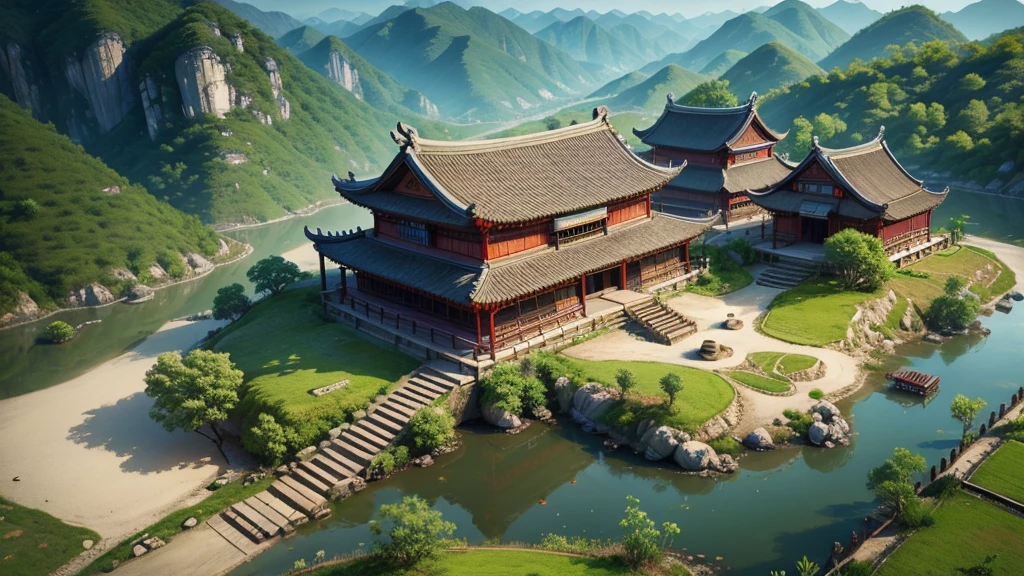 Chinese ancient village, Aerial view, Photorealistic photos, High definition, 8K