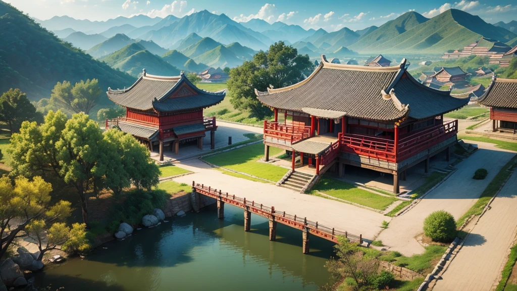 Chinese ancient village, Aerial view, Photorealistic photos, High definition, 8K