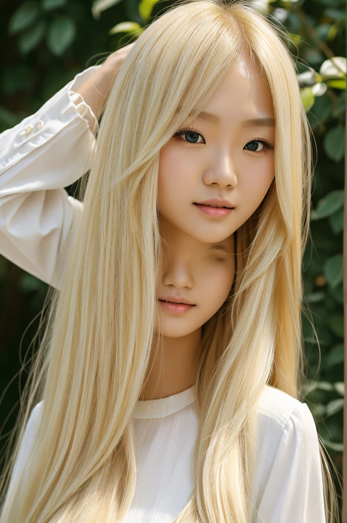 a woman with long blonde hair wearing a white dress, beautiful korean model, Beautiful young Korean woman, beautiful south korean woman, with long blonde hair, korean girl, with long white hair, with long blonde hair, bust with a long and beautiful neck, beautiful asian girl, long blonde hair and half-parted bangs, blonde goddess, Beautiful young Korean woman