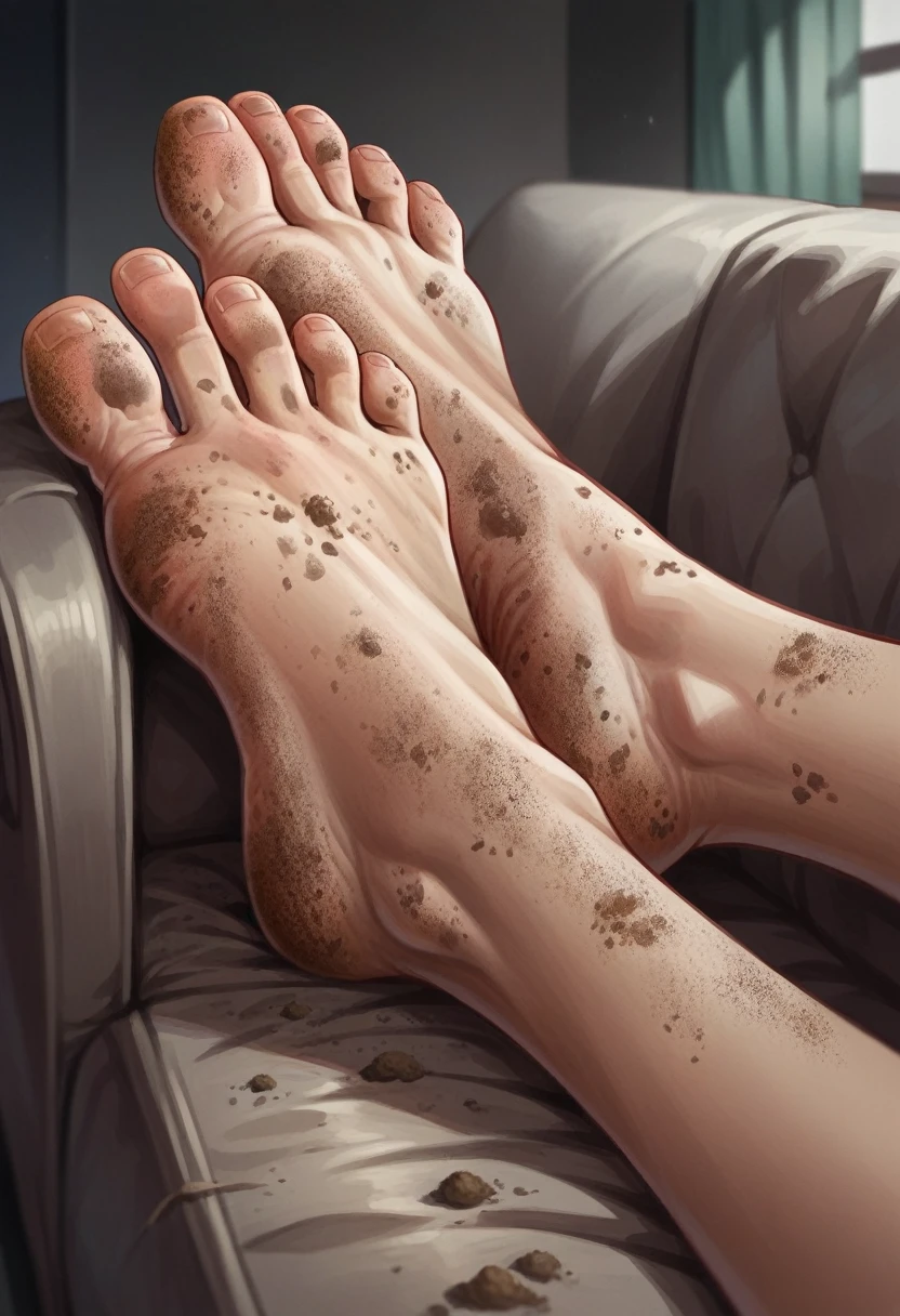 a lady sitting on the sofa,The feet were covered with dirt,Dirt - Skin, dirt stains, Detailed feet POV, Japanese cartoons,comics