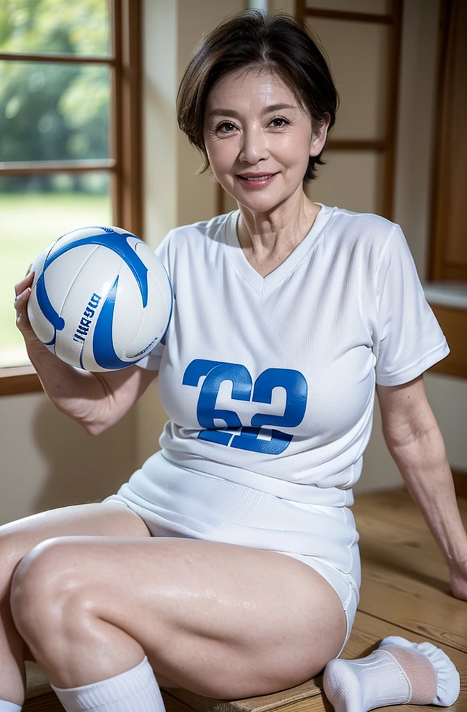 (masterpiece:1.4),(62-year-old woman:1.5),(Facial wrinkles : 1.1), (short hair), (bright smile : 1.2), maternal, Mature Woman, (dressed as a volley ball player : 1.1), (volley ball uniform : 1.1), (white socks : 1.1), (pale white skin : 1), acnes, (plump thighs : 1.2), (upper body is skinny : 1), (beautiful calf : 1), wide hips, bright lighting, sitting, gymnasium, (Focus on the feet:1.4)