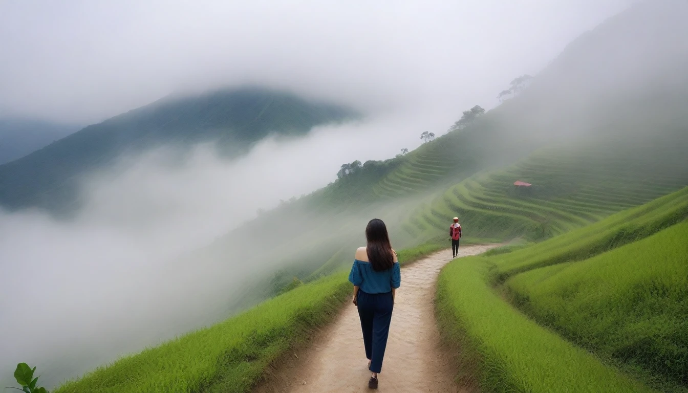 Beautiful Korean Woman, Chest size 34 inches, Wearing high-end luxury brand sleeveless and high-quality casual pants., Foggy scenery of Sapa, Vietnam, I can see the trail, Short and medium hair blowing in the wind, Taken from a distance with a wide angle lens, Realistic living landscape, Front photo facing the camera, best picture quality, Short medium hair blowing in the wind, smile brightly, A thick fog obscures the front, Standing on a very narrow mountain path, Slightly medium hair blowing in the wind, , hair blowing in the wind, Look at the front camera, The mountain road is very narrow. It is a very small mountain road., Front photo of people walking from afar
