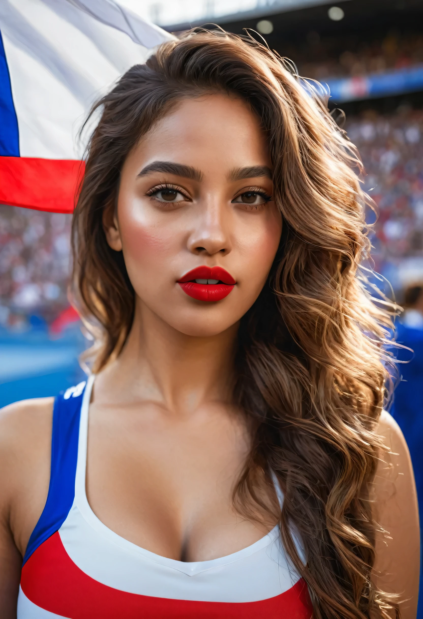 8k, extremely detailed hands and face, beautiful mixed girl, Long slightly wavy hair, extremely detailed full curvy body, beautiful chest, Euro Championship, France jersey, French flag on the cheeks, red lipstick, Stadium, Gradins, vibrant colors, natural lighting, (best quality,4k,,highres, masterpiece:1.2),ultra-detailed,(realistic,photorealistic,photo-realistic:1.37),portrait,landscape