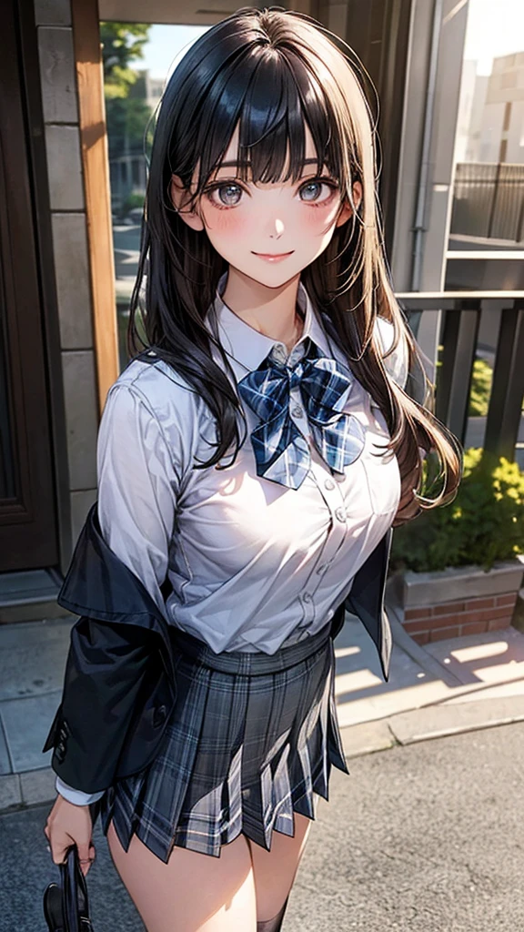 (masterpiece:1.2, top-quality), (realistic, photorealistic:1.4), beautiful illustration, (natural side lighting, movie lighting), nsfw,
looking at viewer, cowboy shot, front view:0.6, 1 girl, japanese, high school girl, perfect face, cute and symmetrical face, shiny skin,
(long hair:1.8, straight hair:1.7, black hair), blunt bangs, gold eyes, long eye lasher, (large breasts:0.8, thick thighs),
beautiful hair, beautiful face, beautiful detailed eyes, beautiful clavicle, beautiful body, beautiful chest, beautiful thigh, beautiful legs, beautiful fingers,
((white collared shirts, black jacket, grey pleated mini skirt, black socks, black loafers, blue plaid bow tie)),
(beautiful scenery), evening, riverside, standing, (lovely smile, upper eyes),