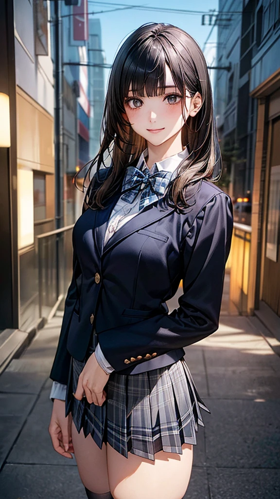 (masterpiece:1.2, top-quality), (realistic, photorealistic:1.4), beautiful illustration, (natural side lighting, movie lighting), nsfw,
looking at viewer, cowboy shot, front view:0.6, 1 girl, japanese, high school girl, perfect face, cute and symmetrical face, shiny skin,
(long hair:1.8, straight hair:1.7, black hair), blunt bangs, gold eyes, long eye lasher, (large breasts:0.8, thick thighs),
beautiful hair, beautiful face, beautiful detailed eyes, beautiful clavicle, beautiful body, beautiful chest, beautiful thigh, beautiful legs, beautiful fingers,
((white collared shirts, black jacket, grey pleated mini skirt, black socks, black loafers, blue plaid bow tie)),
(beautiful scenery), evening, riverside, standing, (lovely smile, upper eyes),
