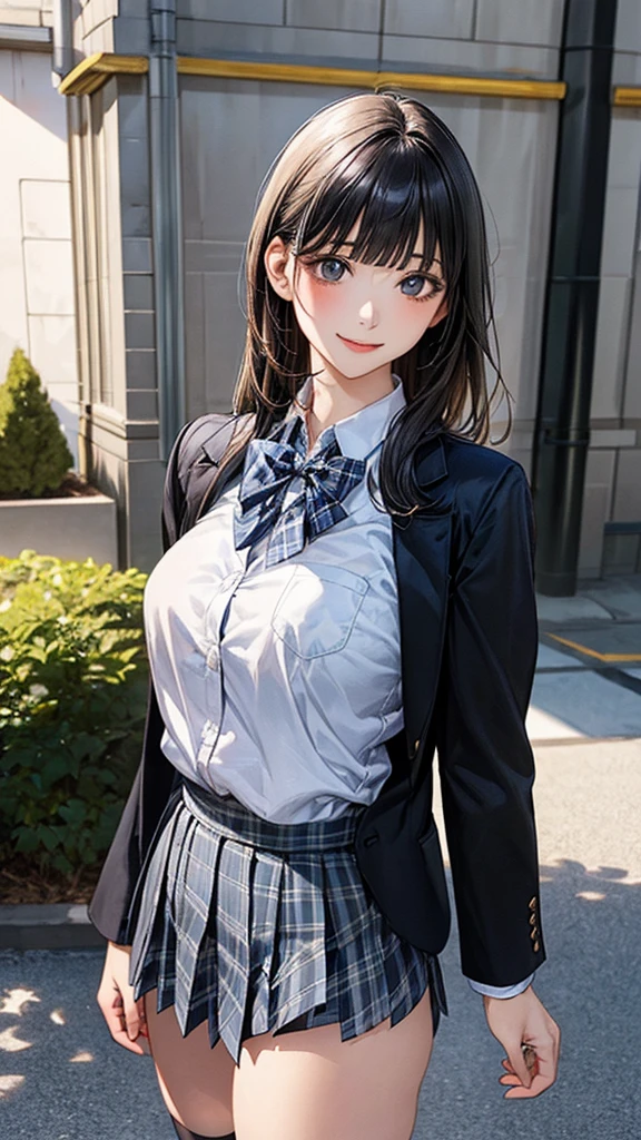 (masterpiece:1.2, top-quality), (realistic, photorealistic:1.4), beautiful illustration, (natural side lighting, movie lighting), nsfw,
looking at viewer, cowboy shot, front view:0.6, 1 girl, japanese, high school girl, perfect face, cute and symmetrical face, shiny skin,
(long hair:1.8, straight hair:1.7, black hair), blunt bangs, gold eyes, long eye lasher, (large breasts:0.8, thick thighs),
beautiful hair, beautiful face, beautiful detailed eyes, beautiful clavicle, beautiful body, beautiful chest, beautiful thigh, beautiful legs, beautiful fingers,
((white collared shirts, black jacket, grey pleated mini skirt, black socks, black loafers, blue plaid bow tie)),
(beautiful scenery), evening, riverside, standing, (lovely smile, upper eyes),